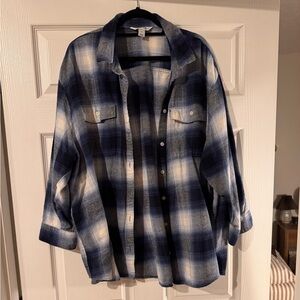 Old Navy Blue and White Plaid Flannel Shirt